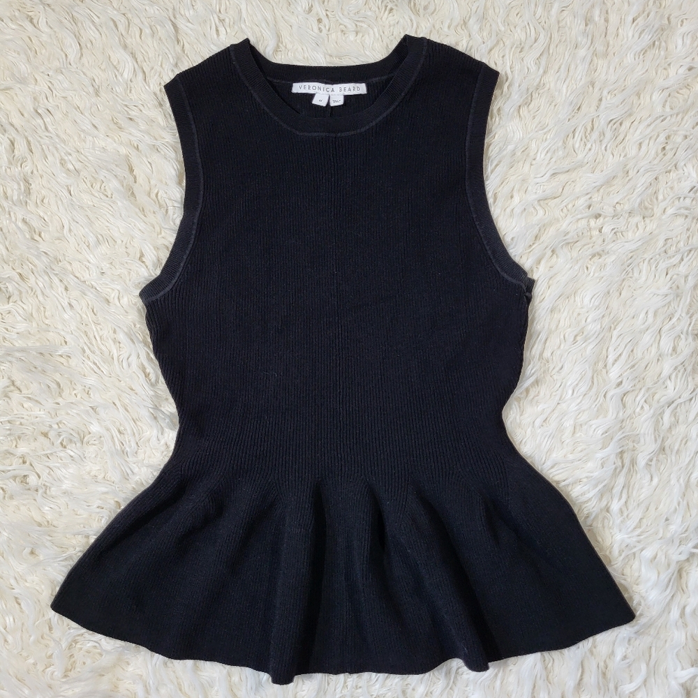 Veronica Beard Black Ribbed Arago Peplum Top Dress, Medium - Picture 3 of 14